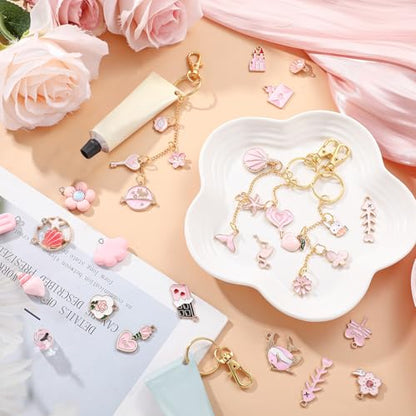 VioraWhite 213 Pcs Keychain Making Kit Bag Charm Kit Lip Gloss Key Chain 100 Pink Enamel Charms 32.81 ft Gold Chains for Galentines DIY Crafts Women(Elegant) - style: Elegant