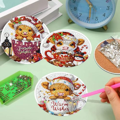 Christmas Cow Diamond Art Coasters Kit, 8 Pieces Diamond Painting Coasters - color: Christmas Cow