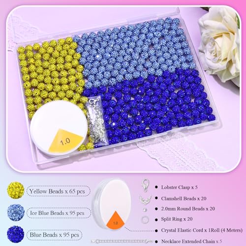 Dowarm 255PCS 10mm Rhinestone Beads for Baseball Rhinestone Necklace Bracelet Jewelry Making, Round Polymer Clay Beads for Crafts Beaded Pen, DIY Shamballa Pave Disco Bead, Ice Blue|Blue|Yellow - color: 06-Ice Blue | Blue | Yellow