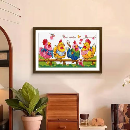 Zhenqing Knitting Chickens Stamped Cross Stitch Kit, 11CT Printed Pattern on White Cotton Fabric, Farmhouse Chicken Decor - color: Funny Knitting Chickens