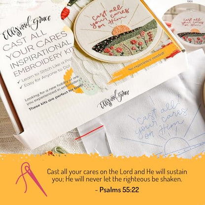 Elly & Grace Christian Embroidery Kit with Embroidery Hoop, Easy Embroidery Kit for Beginners and Adults, Full Embroidery Hoop Kit with Needles and Thread Included (Cast All Your Cares) - style: Cast All Your Cares