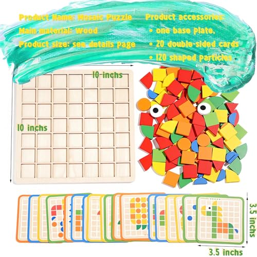 Pattern Blocks and Boards with 120 Pieces Colored Wooden Shape Blocks, with 20 Pieces Design Cards, Kindergarten Classic Geometric Puzzles Toys for Girls and Boys
