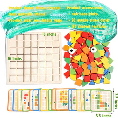 Pattern Blocks and Boards with 120 Pieces Colored Wooden Shape Blocks, with 20 Pieces Design Cards, Kindergarten Classic Geometric Puzzles Toys for Girls and Boys