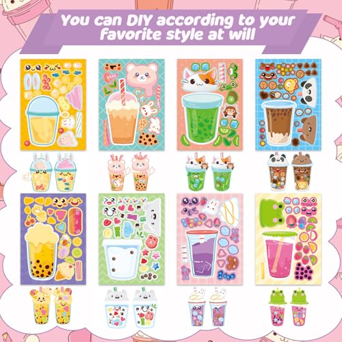 24 Sheets Bubble Tea Make a Face Sticker, Make Your Own Milk Tea Stickers Drink Mix and Match Sticker for Home School Classroom Crafts Activities Reward Birthday Party Favors - style: Bubble Tea