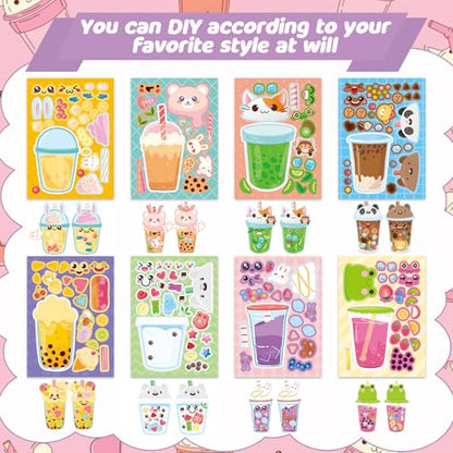 24 Sheets Bubble Tea Make a Face Sticker, Make Your Own Milk Tea Stickers Drink Mix and Match Sticker for Home School Classroom Crafts Activities Reward Birthday Party Favors - style: Bubble Tea