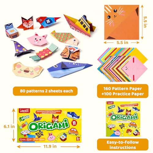 GAMENOTE Origami Kit for Kids Ages 8-12, 80 Assorted Projects, 260 Sheets