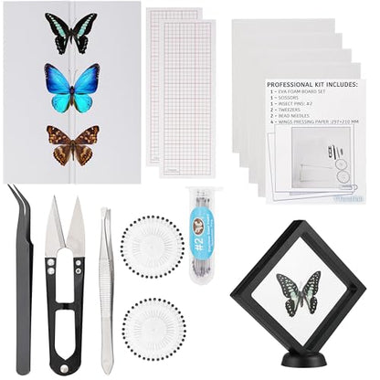 Insect Specimen Tools Kit - EVA Foam Pinning Board, Coordinate Paper, Wings Pressing Paper, Insect Pins & Butterfly Pins, Entomology Kit for Beginners & Hobbyists (PVC Display Case) - size: PVC Display Case Box Kit