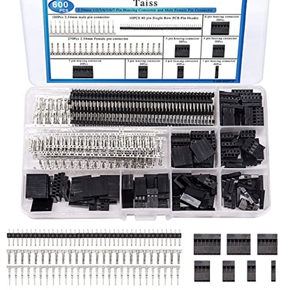 Taiss 600PCS Dupont Connector Kit - 2.54mm 1/2/3/4/5/6/7 Pin Housing Connector and Male/Female Crimp Pin, Jumper Wire Cable