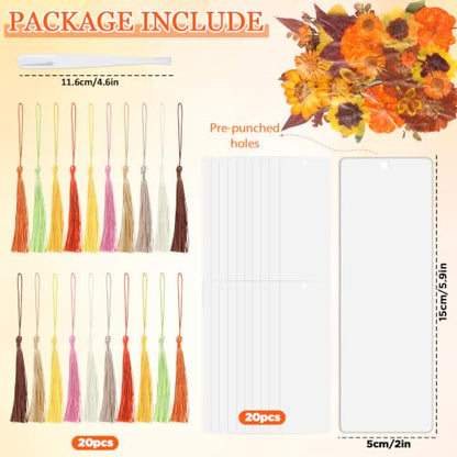 20 Sets Dried Flower Bookmark Making Kit Transparent Bookmark DIY Projects Craft Gift Bulk PET Sticker with Color Tassels and Tweezer for Classroom Activities Reading Award and Book Lovers (Autumn) - style: Autumn