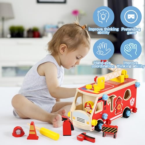 LOVELAND Wooden Fire Truck Toy, Take Apart STEM Building Set with Kid-Safe Screwdriver & 6 Shape Sorter Tools, DIY Montessori Construction Vehicle, Pretend Play Educational Gift for Boys Girls Ages 3+