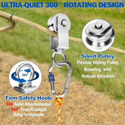 Cable Pulley Wheel Stainless Steel, 4 Pack M34 Single Pulley Snatch Block, Heavy Duty Lifting Crane Swivel Hook, Bearing Inside Rope Pulleys for Lifting System Gym Equipment Clothesline, 551 lbs Load - size: M34 - 4 Pack