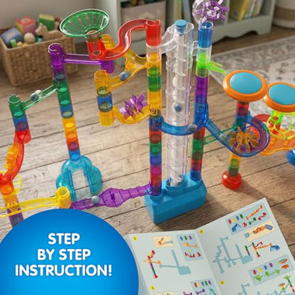 152pcs Glowing Marble Run Kit with Double Tracks Motorized Spiral Lift,2 Stunt Trampolines,30 Glow in The Dark Plastic Marbles & More. Building Project Toys, STEM Gifts for Boys&Girls.