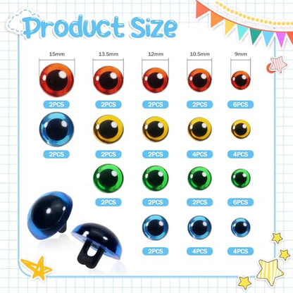 TOAOB 50pcs Sew On Safety Eyes Buttons 9mm to 15mm Plastic Mushroom Domed Sewing Crafting Eyes for DIY Stuffed Animals Amigurumis Crochet Doll Making Red Blue Green Yellow - color: Red/Blue/Green/Yellow