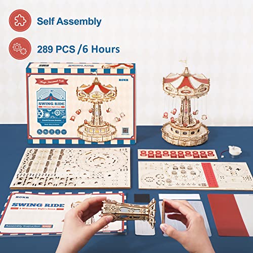 ROKR 3D Puzzles Wooden Music Box Kit with LED, Rotating Swing Ride Mechanical Model Kit DIY Wood Craft Hobbies Kit for Adults Birthday for Adults