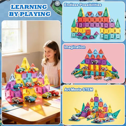 Mini Magnetic Tiles 93PCS Set with 12 Cars, STEM Building Blocks for Kids - size: 93PCS