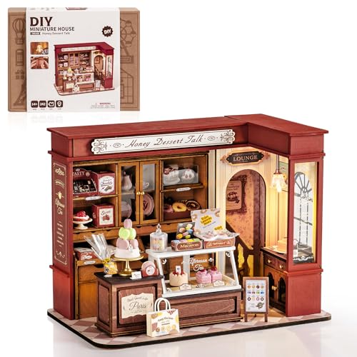 ROBOTIME DIY Miniature House Kit, Mini Wooden Dollhouse Kit for Adults, Building Kit with LED Light, Diorama Model,Halloween/Christmas/Birthday Gifts for Family/Friends (Honey Dessert Talk) - color: Honey Dessert Talk