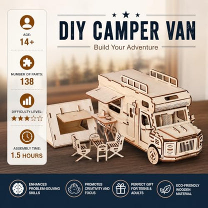 3D Wooden Puzzle for Adults Teens,DIY Camper Van Model Building Kit,Camping RV Set Model Puzzles,Stress Relief Craft,Ideal Christmas Birthday Gift for Family Activity or Home Decor