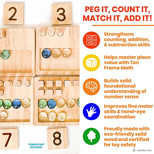 LITTLE BUD KIDS Counting Pegs - A Ten Frame Math Game with Addition and Subtraction Flash Cards, A Wooden Montessori Math Toy & Math Manipulatives Number Peg Boards for Kids 3 4 5 6 7