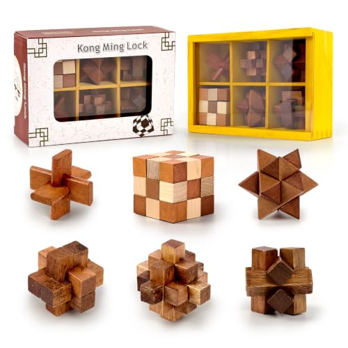 VolksRose 6pcs Wooden Brain Teaser Puzzles, IQ Challenge Puzzle Games, Logic Smart Mind Puzzle Box Lock Toy Removing Assembling 3D Small Puzzle Gift Set for Adults Teenagers Kids, 1.8inch 4.5cm - color: B-6pcs-4.5cm-2