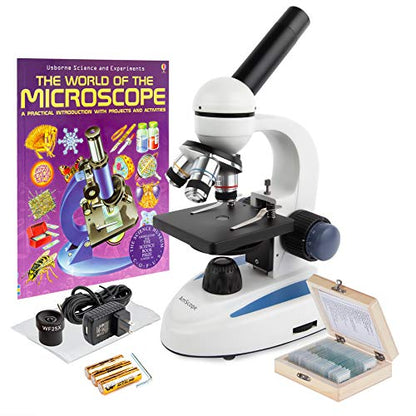 AmScope M158C-PS25-WM Cordless Compound Monocular Microscope, WF10x and WF25x Eyepieces, 40X-1000X Magnification, LED Illumination + Set of 25 Prepared Slides and Book - style: M158C-PS25-WM