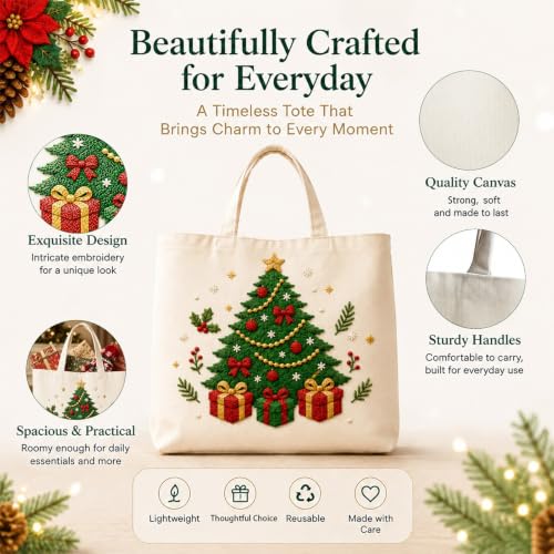 ARTopet Embroidery Tote Bag Kit for Beginners Christmas Canvas Cross Stitch Handbag with Hoops Needles Threads Reusable Grocery Bag for Women-Christmas Tree - color: Christmas Tree