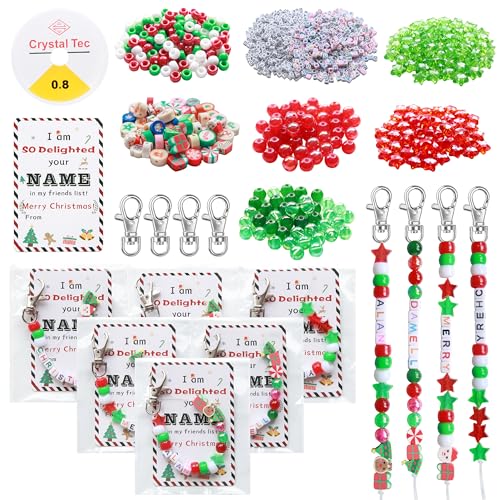 Tuhangcc 823 Pcs DIY Keychain Making Kit，Adjustable Letter Alphabet Beads Strings,Keychain Christmas Colors Pony Beads, 16 Charm Cards with Lobster Clasps & Strings for Christmas Favors - color: Christmas