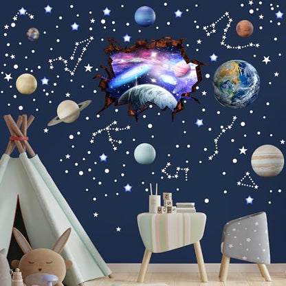 Stars and Planets Wall Decals Glow in The Dark, Earth Solar System Stickers for Ceiling, Space Wall Sticker for Kids Room (Blue) - color: Earth-blue-3