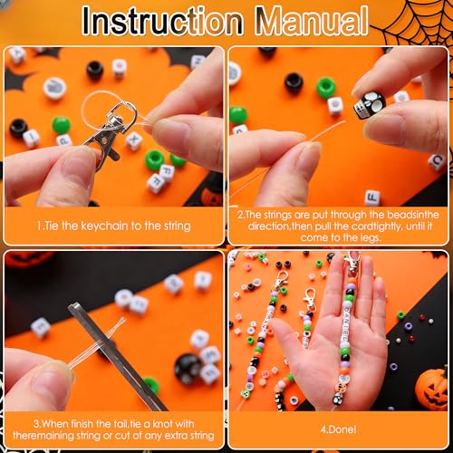 Tuhangcc 773 Pcs DIY Keychain Making Kit，Adjustable Letter Alphabet Beads Strings,Keychain Skull Head Beads,16 Charm Cards with Lobster Clasps & Strings for Halloween Party Favors - color: Halloween