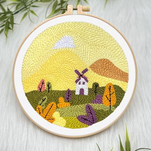 ERKOON Punch Needle Kit Adults Beginners, DIY Easy Landscapes Embroidery Set for Starter Art Craft, Needling Punch Project with Patterns, Tools, Yarns, Hoop, Instruction (Fall) - color: Fall