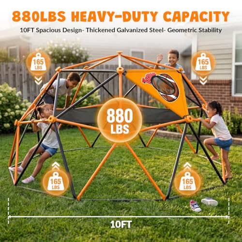 jumpfly 10FT Climbing Dome with Hammock & Ball Toss Game, 880LBS Geometric Dome Climber with Cat Paw Safety Holds, Anti-Rust Outdoor Jungle Gym Play Equipment for Kids 3-12 Years - color: Black/Orange