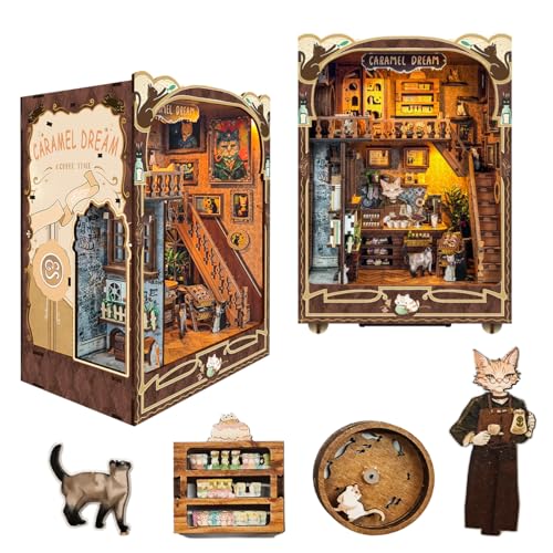 DIY Dollhouse Kit for Adults 2D Stereo Assembly Night Light Sensing Wooden Bookend Jigsaw Building Model (Caramel Dreams) - color: Caramel Dreams
