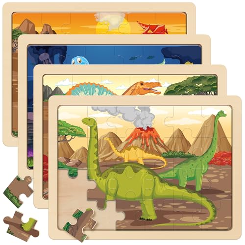 SYNARRY Large Dinosaur Wooden Puzzles for Kids Ages 4-6, 4-in-1 Gift Set - style: Dinosaur
