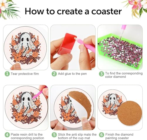 8 Pcs Diamond Art Coasters Kit for Adult with Holder, Diamond Coaster 4x4in - color: Ghost Coasters, size: 8 Pcs 4x4in