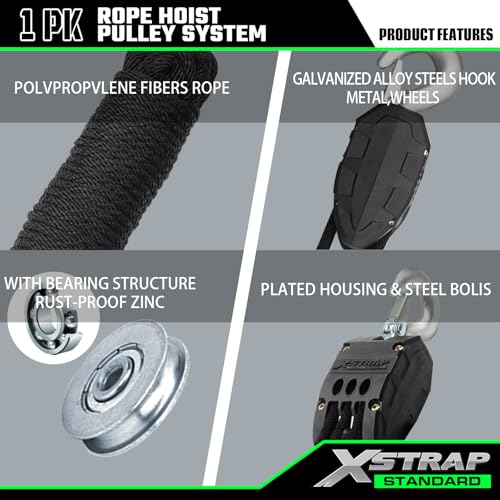 XSTRAP STANDARD 50 Feet Rope Hoist, Heavy-Duty 2000LB Break Wheel Block - color: 50 Ft+ Black+1 Swing Hanger