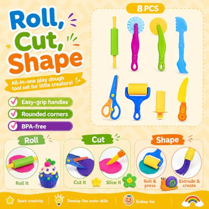 Dough Play Tools Sets for Kids, 35Pcs Clay and Dough Tools Accessories Set with Silicone Mat & Storage Box, 3D Dino Molds, Animal Cutters, Dough Extruder, Rolling Pins for Boys Girls