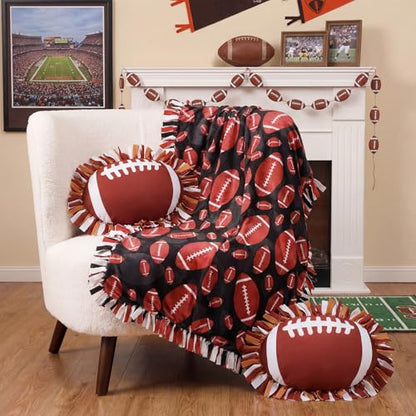 Vicenpal Set of 3 Football Tie Blanket & Pillows Craft Kit 57 Inch No Sew Fleece Blanket Kit Football Gifts Throw Crafts Tie Knot Quilt Squares Fabric Sports Ball Theme Decorations for Party - style: Football