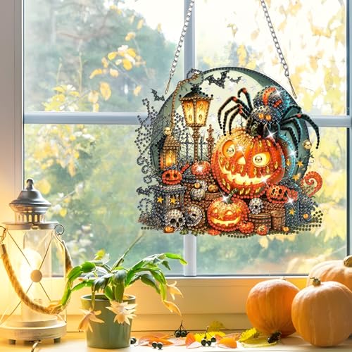 NAIMOER Halloween Diamond Art Hanging Kits for Adults, Spider 5D Special Shaped Rhinestone, DIY Acrylic Diamond Art Painting Window Pendants Home Garden Wall Hanging Ornament Kits, Double Sided - color: Halloween Pumpkin Spider