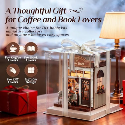 Book Nook Kit, DIY Miniature House Kit for Adults & Teens, Cozy Coffee Shop Scene Bookshelf Insert Decor with LED, 3D Wooden Puzzle Gift for Book Lovers (Coffee Shop) - style: Coffee Shop