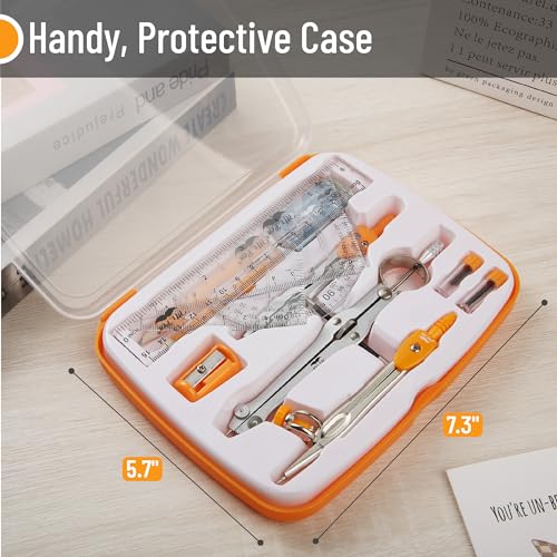 Mr. Pen- Geometry Set, 13 pcs, 3 Metal Compasses, Protractor, 6" Ruler | 45° & 30°/60° Set Squares, Pencils, Lead Refills, Sharpener & Eraser for Math, Drafting & Classroom Use - color: Orange