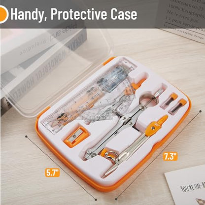 Mr. Pen- Geometry Set, 13 pcs, 3 Metal Compasses, Protractor, 6" Ruler | 45° & 30°/60° Set Squares, Pencils, Lead Refills, Sharpener & Eraser for Math, Drafting & Classroom Use - color: Orange