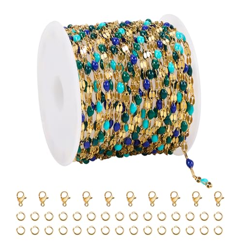 UMAOKANG 16.4 Feet Gold Plated Stainless Steel Jewelry Making Chain Roll - color: Gold-Blue Colorful
