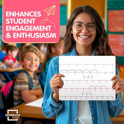 SCRIBBLEDO Fraction 9”x12” Dry Erase Number Line for Students Small White Board Dry Erase Sheets Math Manipulatives Numberline Homeschool Supplies Teacher Classroom Pack of 10 Sheets