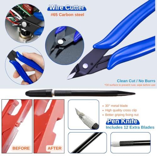 Gundam Model Tools Kit, 34pcs Hobby Tool Set, Pliers, Separator, Files, Screwdriver, Tweezers, Polishing Strip, Graver, Blades for Buildings, Gundam, Robots Models Minature