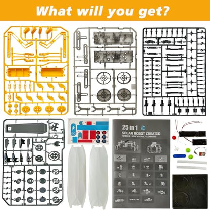 25-in-1 Solar Science Robot Kit, STEM Building Toy for Kids Ages 8+ - color: Yellow & Grey