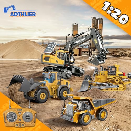 Remote Control Excavator (11-Channel), Dump Truck, Bulldozer, Loader (9-Channel), 2.4GHz Remote Control Construction Vehicles, Made of ABS, with Cool Lights and Sound Effects, 4-Pcs - color: Excavator Four-piece Set