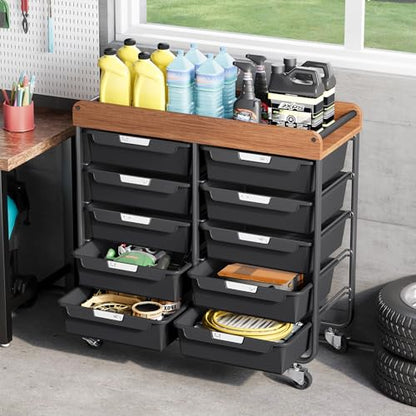 10 Drawers Rolling Cart with Wooden Tabletop, Utility Storage Cart with Wheels, Art Supply Craft Organizer on Wheel with Metal Frame & Handles for Home Office School,Black - color: Black