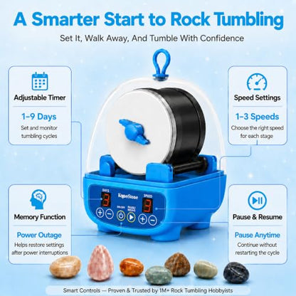 KomeStone K5 Rock Tumbler for Kids & Adults, Quiet Rock Polisher, Ages 6+ - color: Starter Kit（Sky Blue）