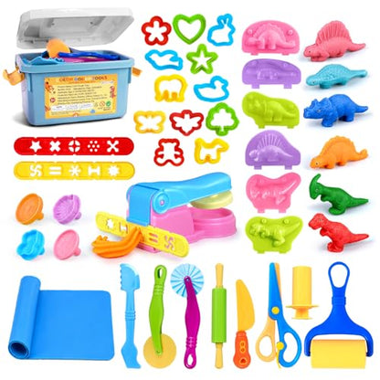 Dough Play Tools Sets for Kids, 35Pcs Clay and Dough Tools Accessories Set with Silicone Mat & Storage Box, 3D Dino Molds, Animal Cutters, Dough Extruder, Rolling Pins for Boys Girls