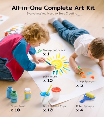 TMOL Washable Paint for Kids, 10 Colors (2 fl oz) 40 Pcs Non-Toxic Finger Paint Kit with Brushes, Sponge, Smock, Toddler Art Supplies for Painting, Craft & School Projects