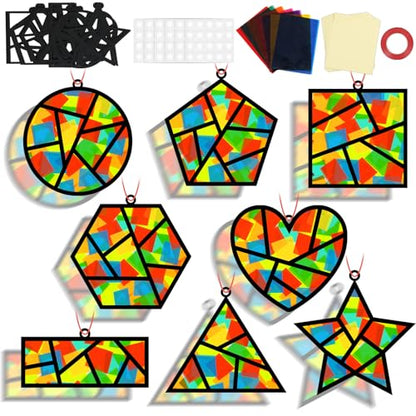 QOUBAI 32 Sets Back to School Geometric Recognition Suncatchers Craft DIY Window Stained Glass Effect Star Paper Crafts Home School Classroom Decor Kid Birthday Gift Creative Art Project Activity Game - style: Geometry